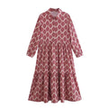 ZEVITY New Women Vintage Geometric Print Pleats Casual Slim Midi Shirt Dress Female Chic Pleats Ruffles A Line Vestido DS395