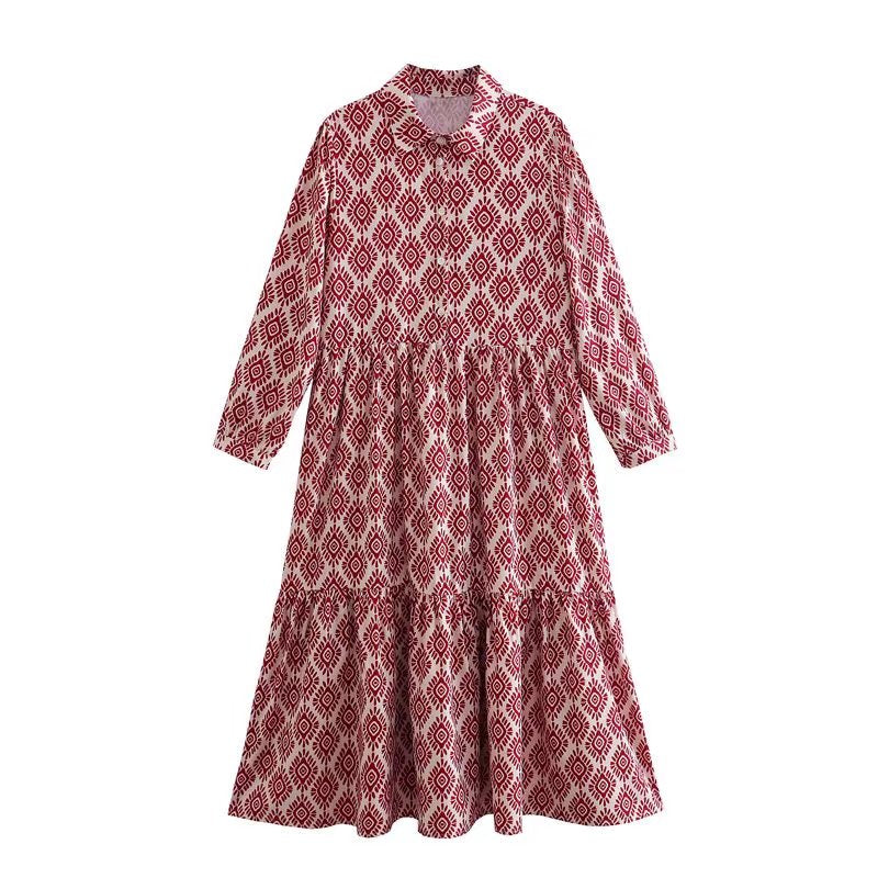 ZEVITY New Women Vintage Geometric Print Pleats Casual Slim Midi Shirt Dress Female Chic Pleats Ruffles A Line Vestido DS395