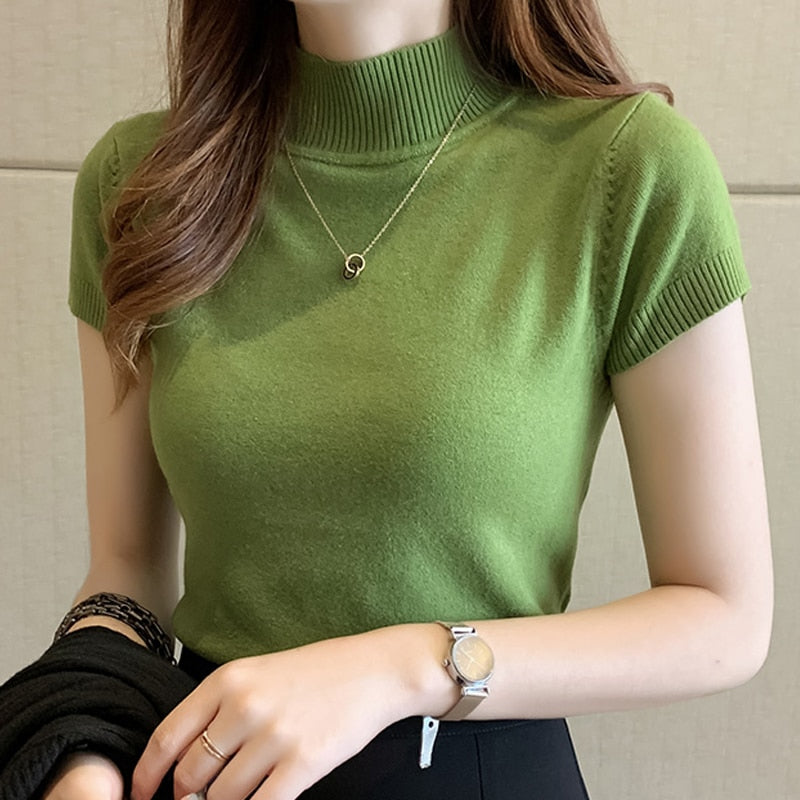 Womens Tops And Blouses Summer Short Sleeve Blouse Women Blusas Mujer De Moda 2021 Turtleneck Knitted Blouse Shirt Tops C931