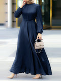 Women's Muslim Party Solid Satin Maxi Dress 2022 Spring Chic Elegant Puff Sleeve Robe Casual Holiday Swing Kaftan OL Dubai Abaya