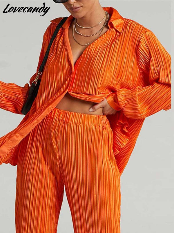 Casual Women&#39;s Shirt Pleated Two Piece Set Green Loose High Waist Wide Leg Pants Suit 2022 Elegant Office Ladies Female Outfits