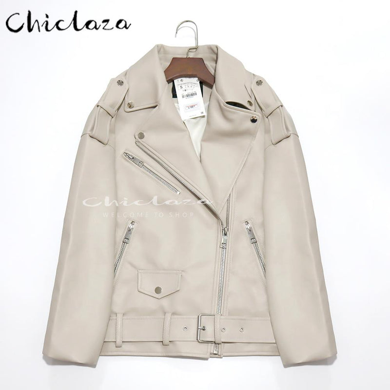 CHICLAZA Women 2022 Spring Fashion Black Faux Leather Jacket Ladies Casual Zipper Biker Coat Female Autumn Loose Couple Outwear