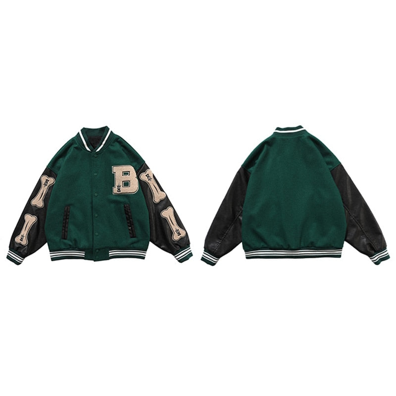 Varsity Baseball Bomber Jacket Women Hip Hop Harajuku Bone Letter Patchwork Leather Jackets Streetwear Men Unisex College Coats