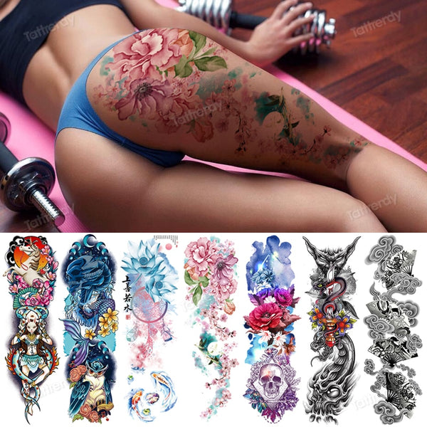 sexy fake tattoo for woman waterproof temporary tattoos large leg thigh body tattoo stickers peony lotus flowers fish dragon