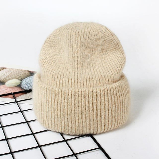 VISROVER 9 Colors Unisex Solid Color Real Rabbit Fur Beanies Winter Hat For Woman Knit Bonnet Acrylic Woman Autumn Warm Skullies