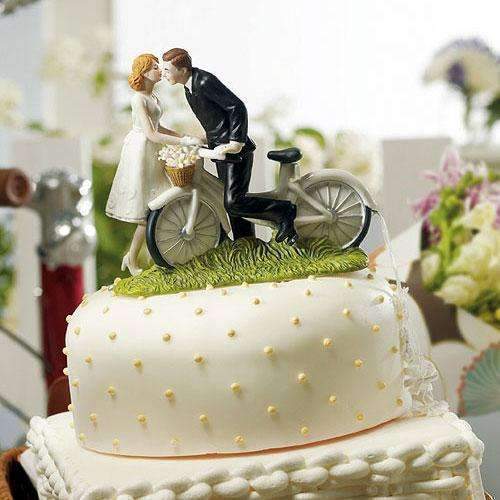 "A Kiss Above" Bicycle Bride and Groom Couple Figurine (Pack of 1)-Wedding Cake Toppers-JadeMoghul Inc.