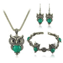 Yumfeel Brand Design Owl Jewelry Set Tibetan Vintage Silver Synthetic Stone Pendant Owl Necklace Earring Bracelet Set
