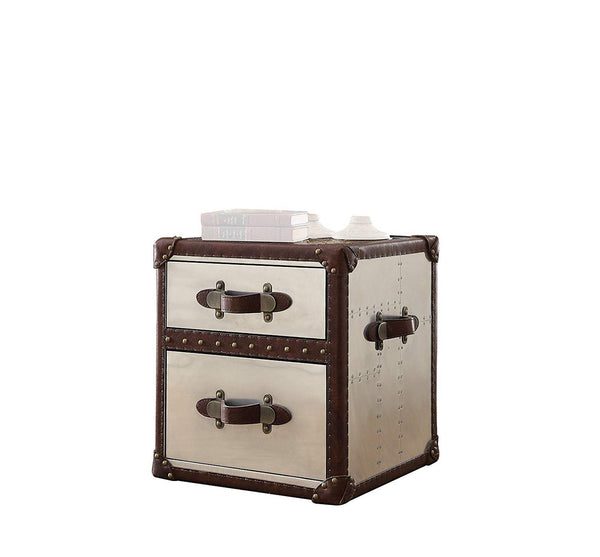 Aberdeen End Table, Vintage Dark Brown Top Grain Leather & Aluminum-Side Tables and End Tables-Brown & Aluminum-Top Grain Leather Aluminum Ply-JadeMoghul Inc.