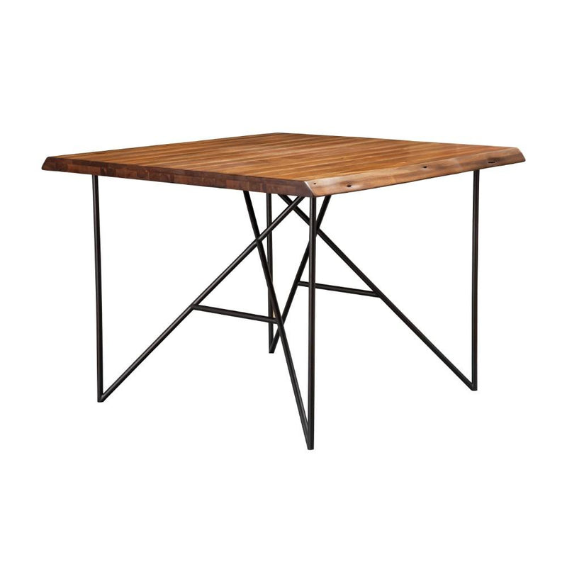 Acacia Wood Pub Table with Pointed Metal Legs, Brown and Black-Bar Tables-Brown and black-Acacia Wood and Metal-JadeMoghul Inc.