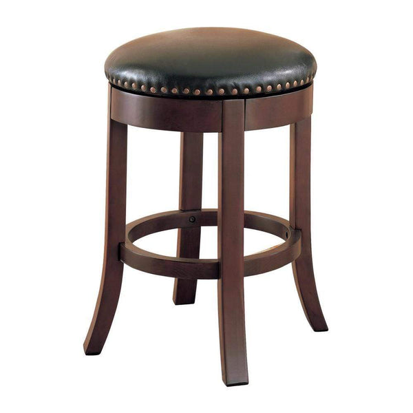 Accent and Garden Stools Round Wooden Counter Height Stool with Upholstered Seat, Brown, Set of 2 Benzara