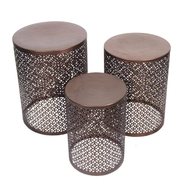 Accent and Garden Stools Stylish 3 Piece Round Stools With Cutouts Pattern, Copper Benzara