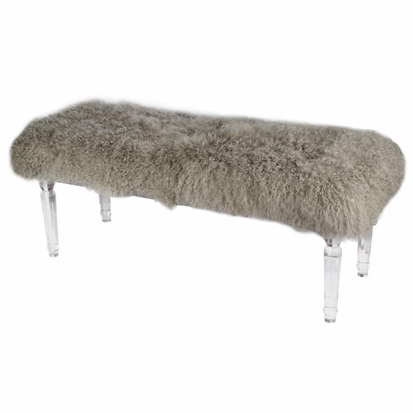 Accent and Storage Benches Soft to Touch Gray Mongolian Fur Bench Benzara