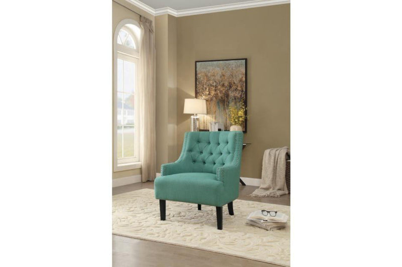 Accent Chair With Wooden Legs In Teal Blue-Armchairs and Accent Chairs-Blue-Wood and Fabric-JadeMoghul Inc.