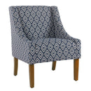Fabric Upholstered Wooden Accent Chair with Swooping Arms and Geometric Pattern, Blue and Brown
