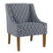 Fabric Upholstered Wooden Accent Chair with Swooping Arms and Geometric Pattern, Blue and Brown