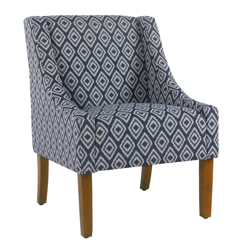 Fabric Upholstered Wooden Accent Chair with Swooping Arms and Geometric Pattern, Blue and Brown