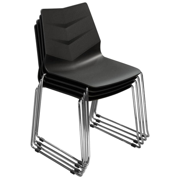 Accent Chairs Plastic Accent Chairs with Metal Legs, Black and Silver, Pack of Four Benzara