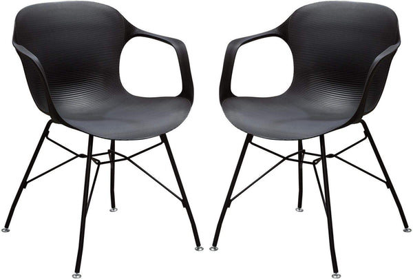 Accent Chairs Plastic Accent Chairs with Open Arms and Metal Legs, Black, Pack of Two Benzara