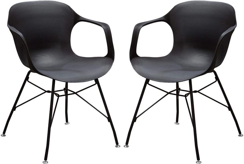 Accent Chairs Plastic Accent Chairs with Open Arms and Metal Legs, Black, Pack of Two Benzara