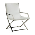 Accent Chairs Polyurethane Upholstered Metal Accent Chair with High Backrest, White and Silver Benzara
