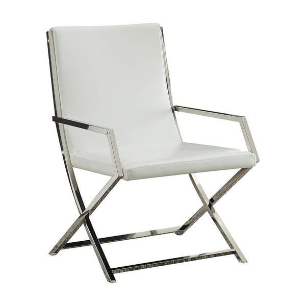 Accent Chairs Polyurethane Upholstered Metal Accent Chair with High Backrest, White and Silver Benzara