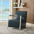 Accent Chairs Polyurethane Upholstered Metal Accent Chair with Mid Backrest, Blue and Silver Benzara