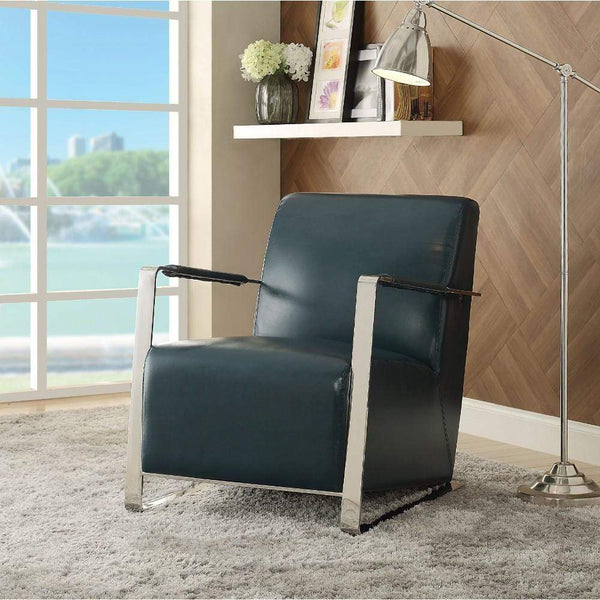 Accent Chairs Polyurethane Upholstered Metal Accent Chair with Mid Backrest, Blue and Silver Benzara