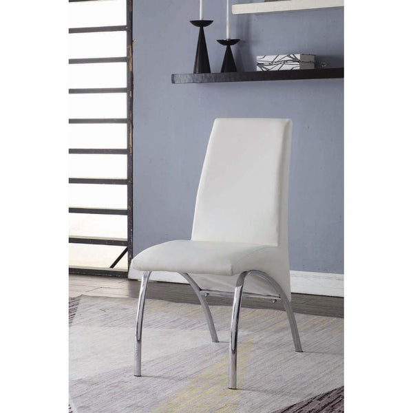 Accent Chairs Polyurethane Upholstered Metal Side Chair, Set of Two, White and Silver Benzara
