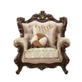Accent Chairs Rolled Arm Chair With Floral Arched Backrest And Two Pillows, Brown And Beige Benzara