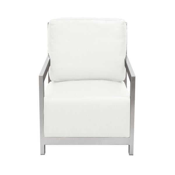 Accent Chairs Stainless Steel Framed Leatherette Accent Chair with Sleek Armrest, White and Silver Benzara