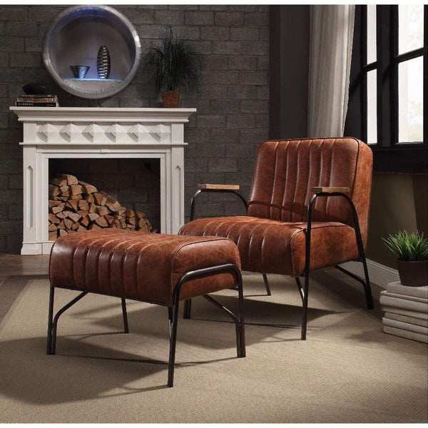 Accent Chairs Stitched Faux Leather Upholstered Metal Chair and Ottoman, Pack Of Two, Brown Benzara