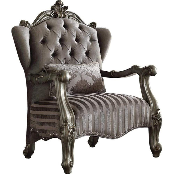 Traditional Style Velvet Upholstered Wooden Chair with Kidney Pillow, Gray