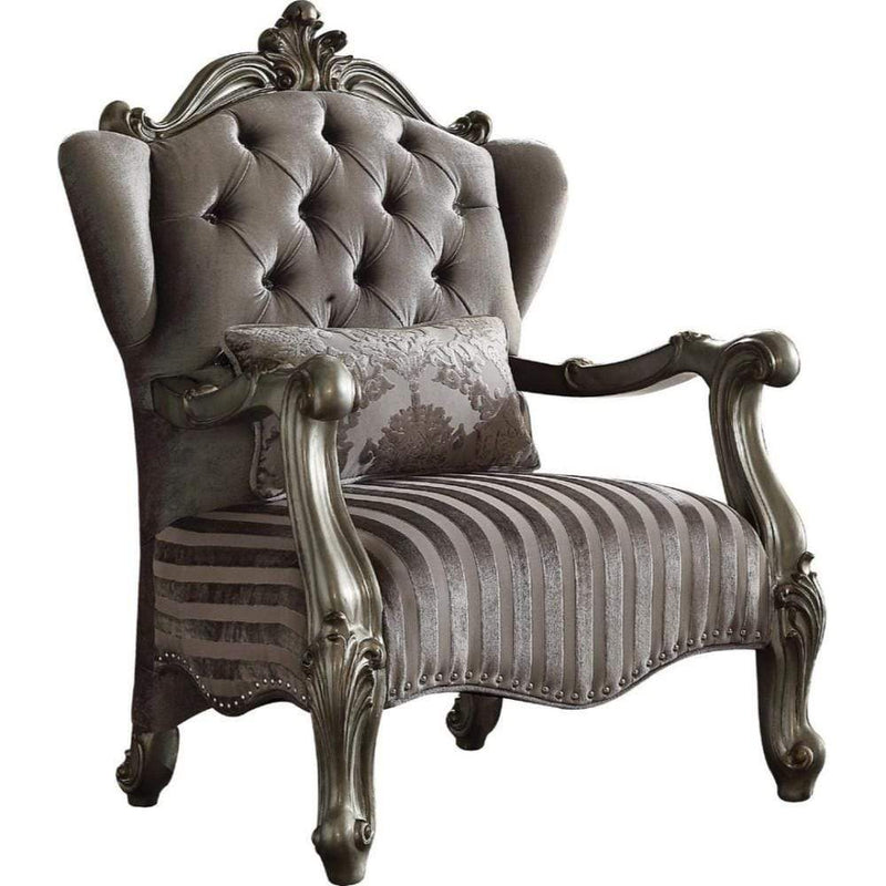Traditional Style Velvet Upholstered Wooden Chair with Kidney Pillow, Gray