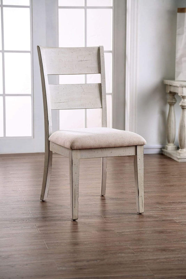 Transitional Solid Wood and Fabric Upholstered Side Chair, White and Beige , Pack of Two