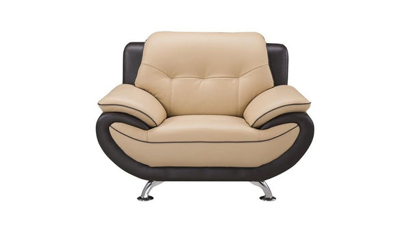 Two Toned Leather Upholstered Wooden Chair with Pillow Top Armrests and Steel Legs, Yellow and Brown