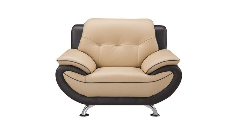 Two Toned Leather Upholstered Wooden Chair with Pillow Top Armrests and Steel Legs, Yellow and Brown