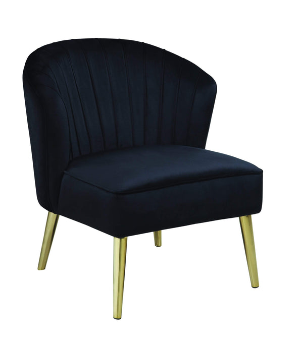 Accent Chairs Velvet Upholstered Accent Chair with Channel Tufted Wingback and Metal Legs, Black and Brass Benzara