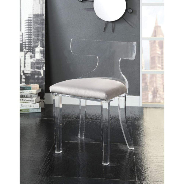 Accent Chairs Velvet Upholstered Acrylic Accent Chair with Mid Backrest, Gray and Clear Benzara