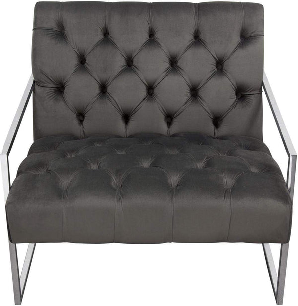 Accent Chairs Velvet Upholstered Button Tufted Accent Chair with Stainless Steel Sled Base, Gray and Silver Benzara
