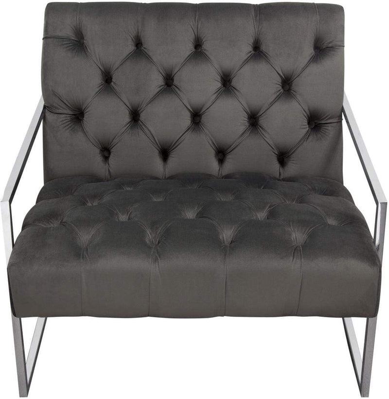 Accent Chairs Velvet Upholstered Button Tufted Accent Chair with Stainless Steel Sled Base, Gray and Silver Benzara