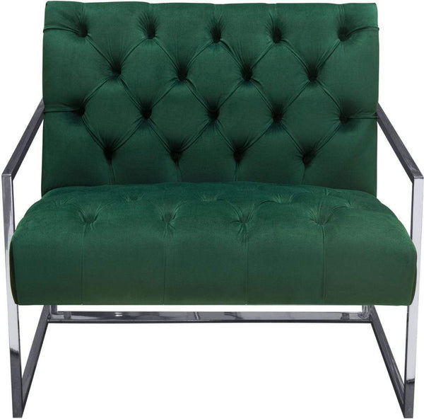 Accent Chairs Velvet Upholstered Button Tufted Accent Chair with Stainless Steel Sled Base, Green and Silver Benzara
