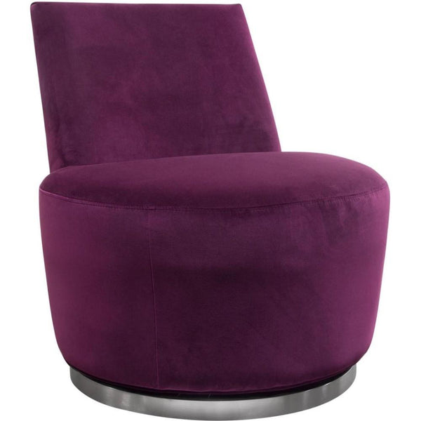 Accent Chairs Velvet Upholstered Swivel Accent Chair with Stainless Steel Base, Purple and Silver Benzara