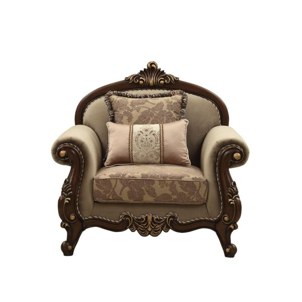 Accent Chairs Velvet Upholstery Chair With Two Pillows & Arched Backrest, Dark Walnut Benzara