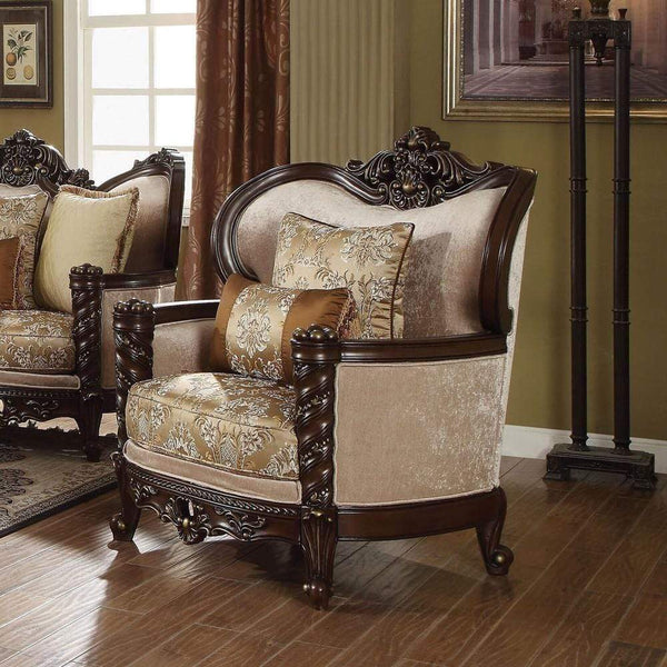 Accent Chairs Velvet Upholstery Chair With Wingback And Two Pillows, Beige & Dark Walnut Benzara