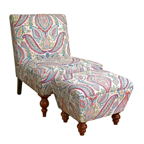 Wood and Fabric Accent Chair and Ottoman with Printed Paisley Pattern, Pack of Two, Multicolor