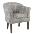 Wood and Fabric Barrel Style Accent Chair with Medallion Pattern, Gray and Brown