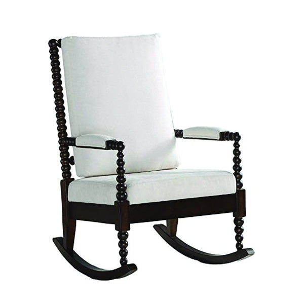 Wooden Rocking Chair with Fabric Upholstered Cushions, White and Brown