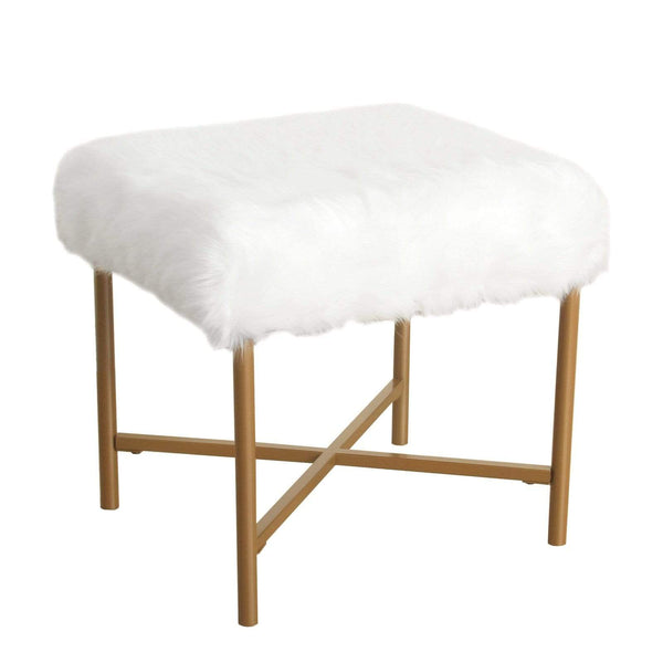 Accent Stools Square Faux Fur Upholstered Stool with Tubular Metal Legs and X Shape Base, White and Gold Benzara
