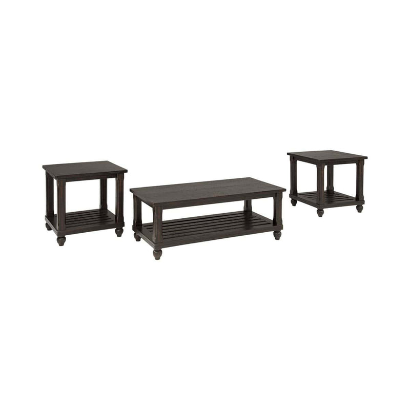Accent Tables Plank Style Wooden Table Set with Slatted Lower Shelf and Bun Feet, Set of Three, Black Benzara
