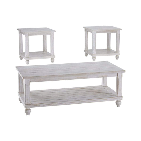 Accent Tables Plank Style Wooden Table Set with Slatted Lower Shelf and Bun Feet, Set of Three, White Benzara